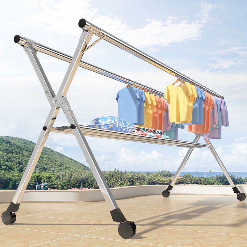 加厚落地折叠式晾衣架家用阳台伸缩双杆室外晒衣架多功能晒被支架
