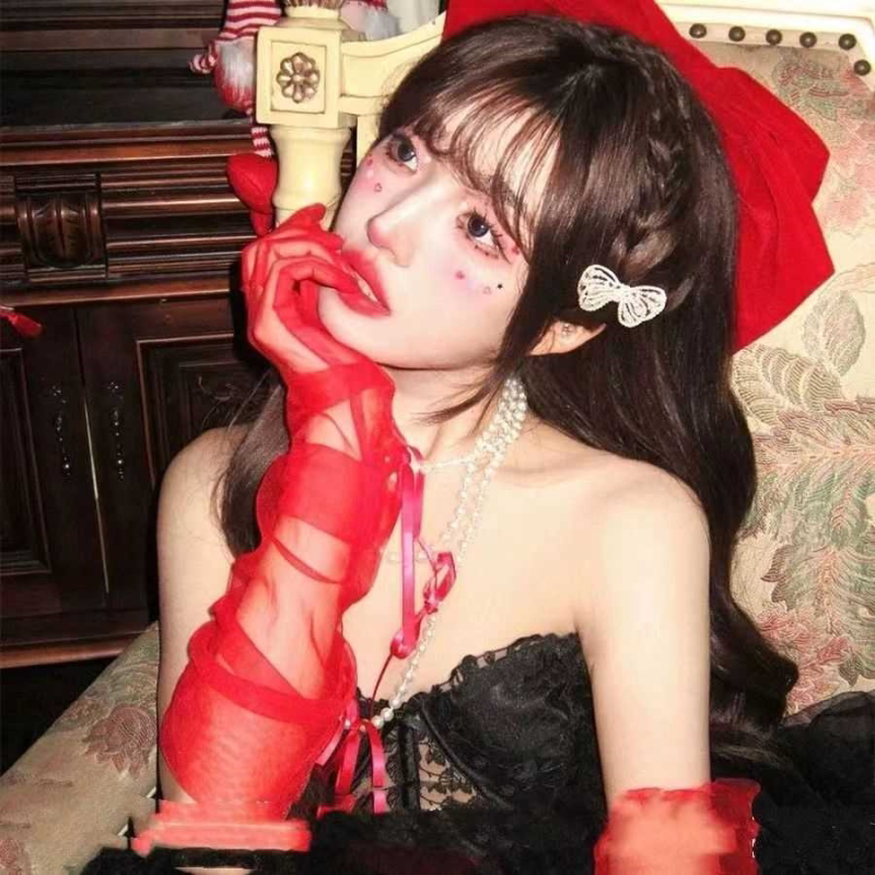 拍照新年款网纱蕾丝红色手套女圣诞节装饰氛围感新娘手袖套长款