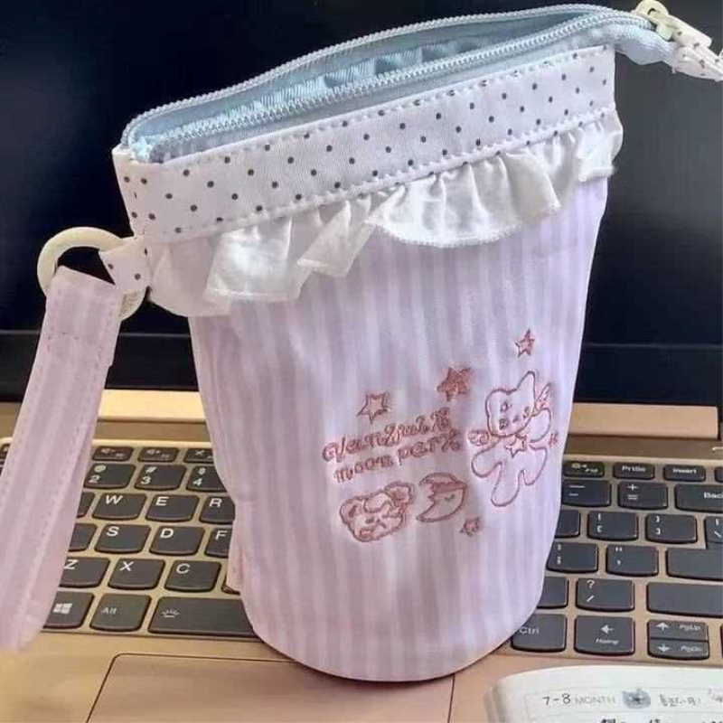 新款梦境小熊可折叠笔袋大容量高颜值小众帆布笔筒拉链文具收纳包