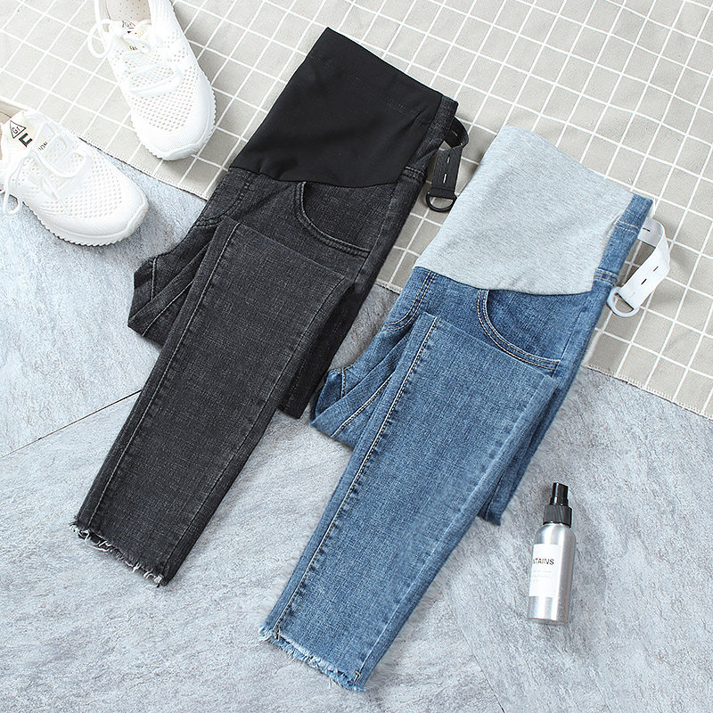 孕妇裤子牛仔裤春秋春季外穿韩版加大码托腹紧身铅笔小脚裤九分裤