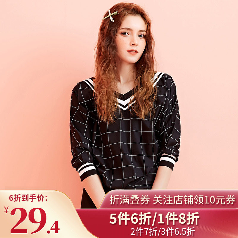 DOOCT恤衫七分袖学院风百搭2020春季新品格子上衣修身V领撞色