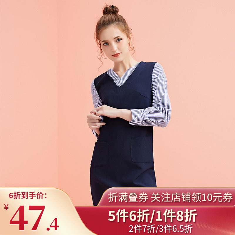 DOOC春装2020款百搭学院风V领假两件条纹衬衫修身七分袖连衣裙