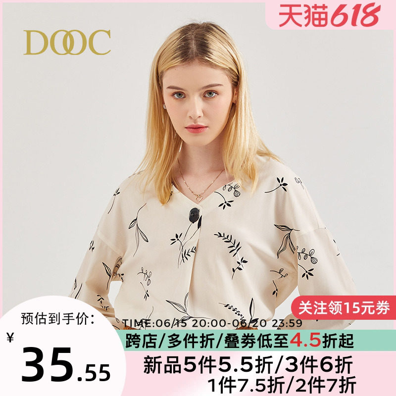 DOOC长袖印花雪纺衫衬衫女2022秋季新款v领上衣小香风韩版时尚