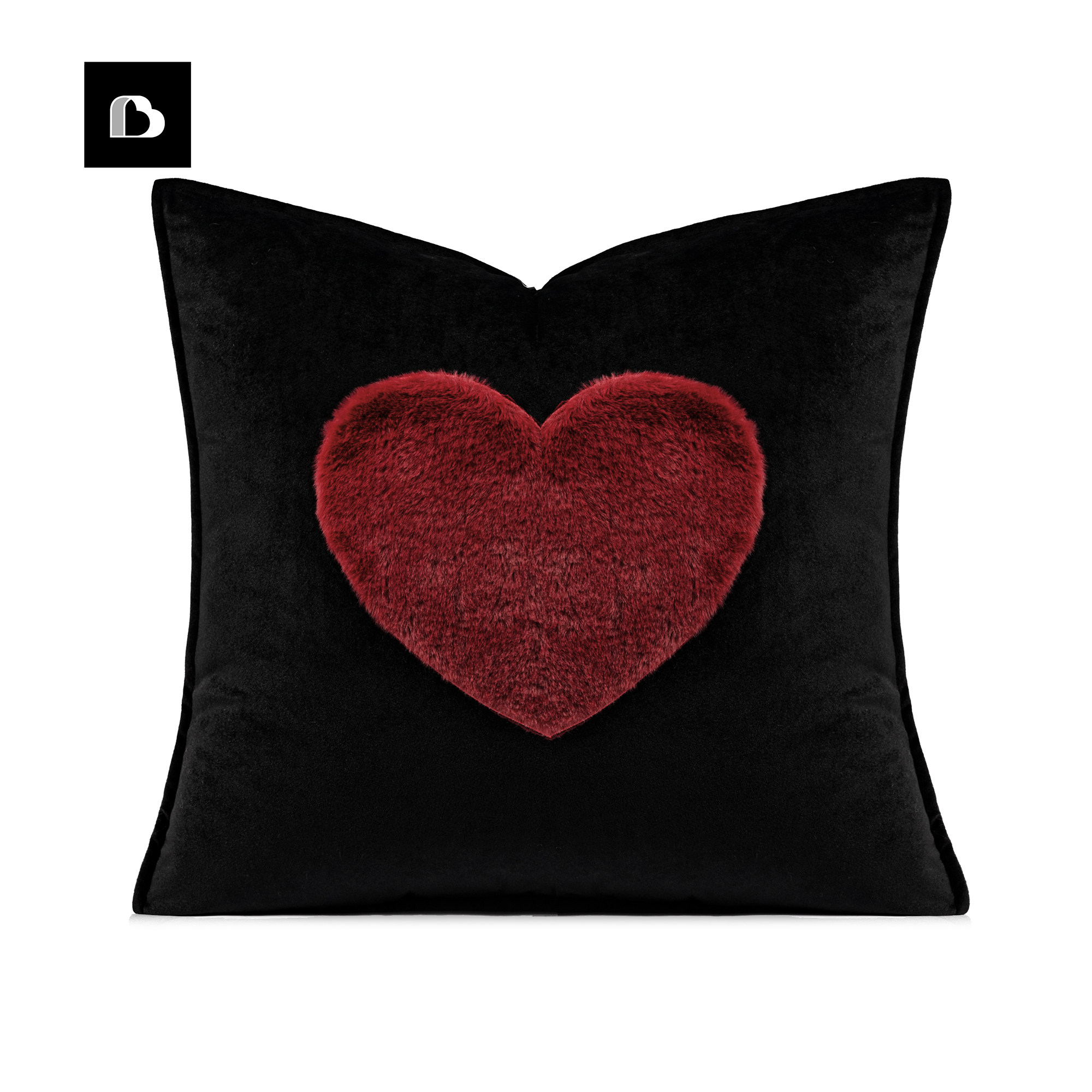 柏洛斯flipped爱心情人节系黑底仿毛红心沙发抱枕客厅方形靠垫套