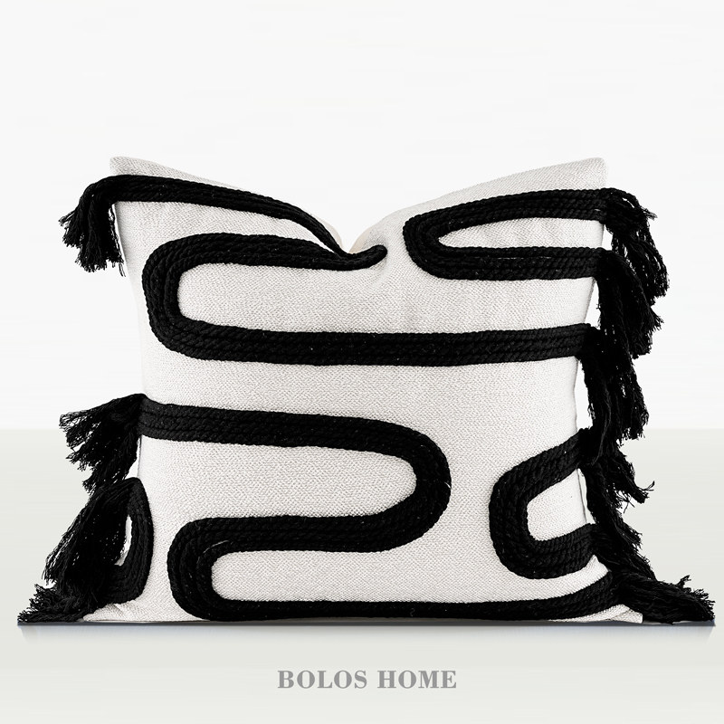 柏洛斯abstract经典黑白提花流苏线条民宿酒店客厅沙发抱枕靠枕