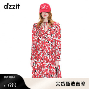 dzzit地素2023春秋新款法式浪漫荷叶边装饰领口系带花布连衣裙女