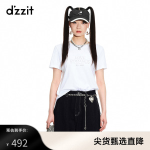 dzzit地素2023春秋专柜新款时尚休闲字母烫钻圆领设计短袖小T恤女