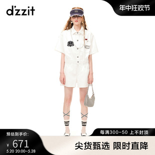 dzzit地素23夏专柜新款 女 徽章设计手工定制花朵纽扣牛仔连体裤