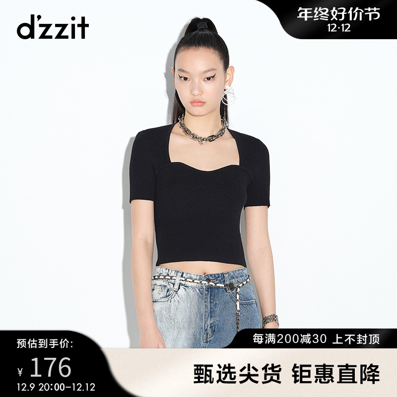 dzzit地素 奥莱夏款复古修身简约短袖针织衫女3D2E3051A