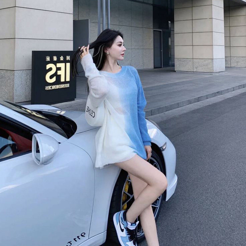 奶油蓝针织卫衣女k2023年春夏季新款韩版宽松慵懒风设计感小众上