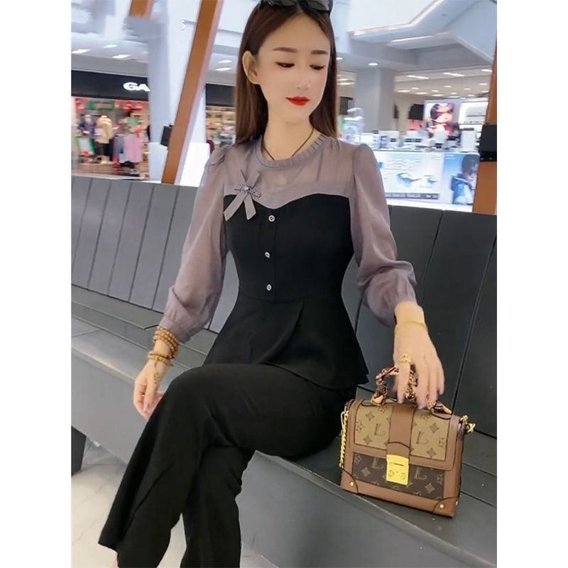 时尚套装女2025秋季新款韩版气质拼接雪纺显瘦上衣阔腿裤两件套潮