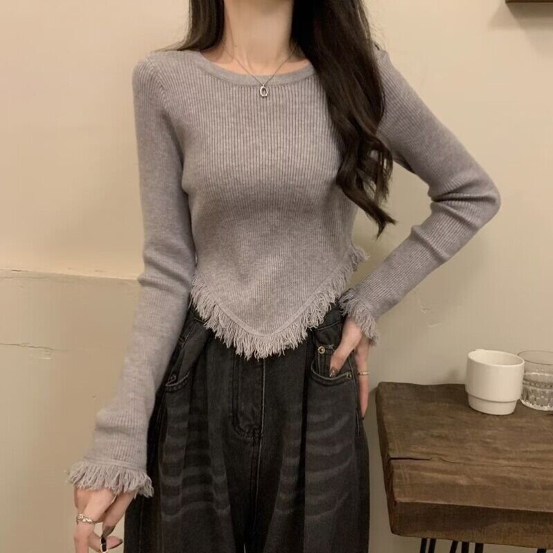 秋冬季设计圆领流苏不规则长袖T恤女修身百搭洋气外穿春秋内搭女