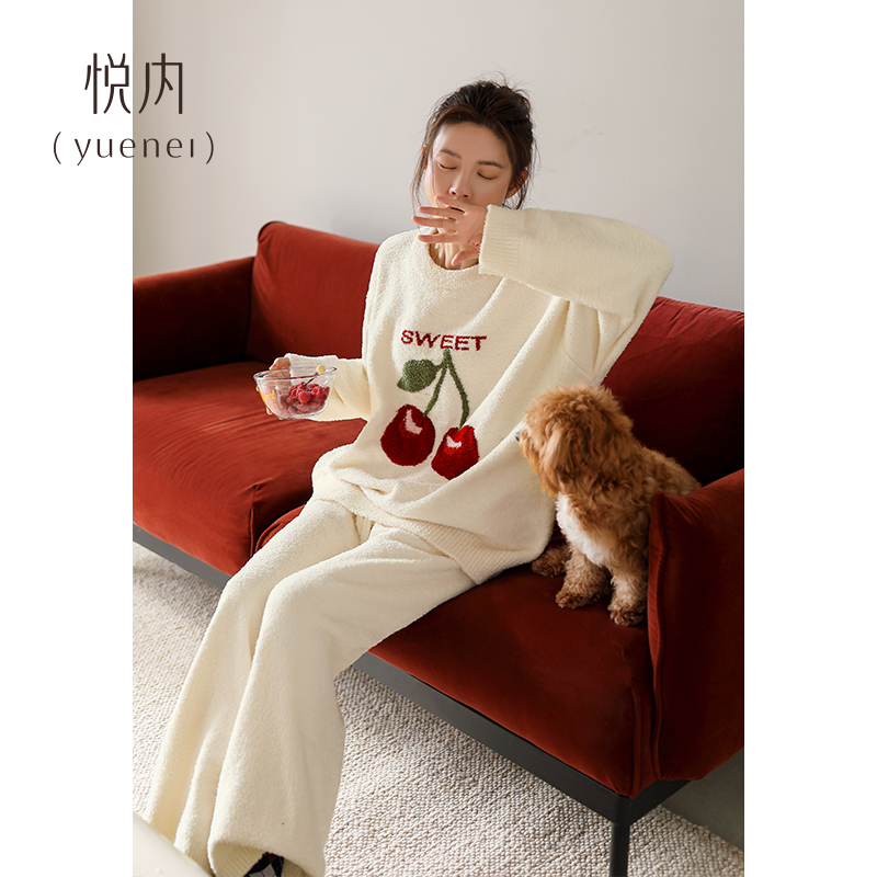 悦内半边绒睡衣女款秋冬季冬款珊瑚绒加绒加厚保暖家居服圆领套头