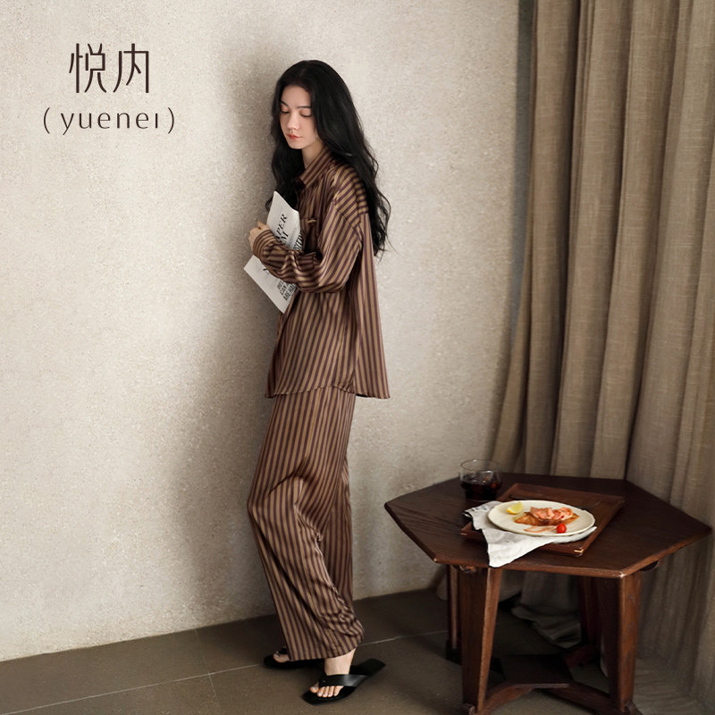 悦内睡衣女士秋季春秋款冰丝长袖家居服秋装休闲丝绸条纹复古套装,女士内衣/男士内衣/家居服,睡衣/家居服套装,淘宝优惠券,粉丝福利购,淘宝优惠卷