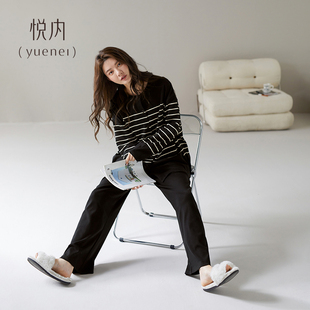 家居服薄款 悦内带胸垫一体睡衣女款 纯棉长袖 春秋季 夏休闲条纹 秋款