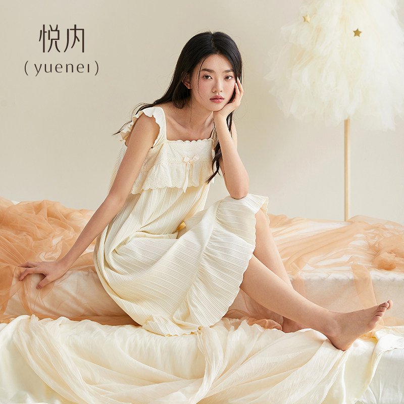 悦内吊带睡裙女士睡衣夏季夏天纯棉背心薄款全棉少女防凸点纯欲风