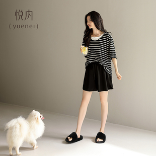 家居服经典 悦内带胸垫睡衣女夏季 短裤 纯棉短袖 条纹假两件 夏天夏款