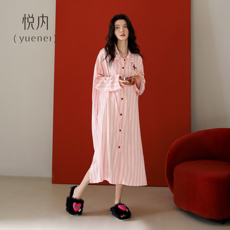 悦内睡裙女春秋款秋季长袖冰丝绸休闲条纹大码粉色长款开衫睡衣裙