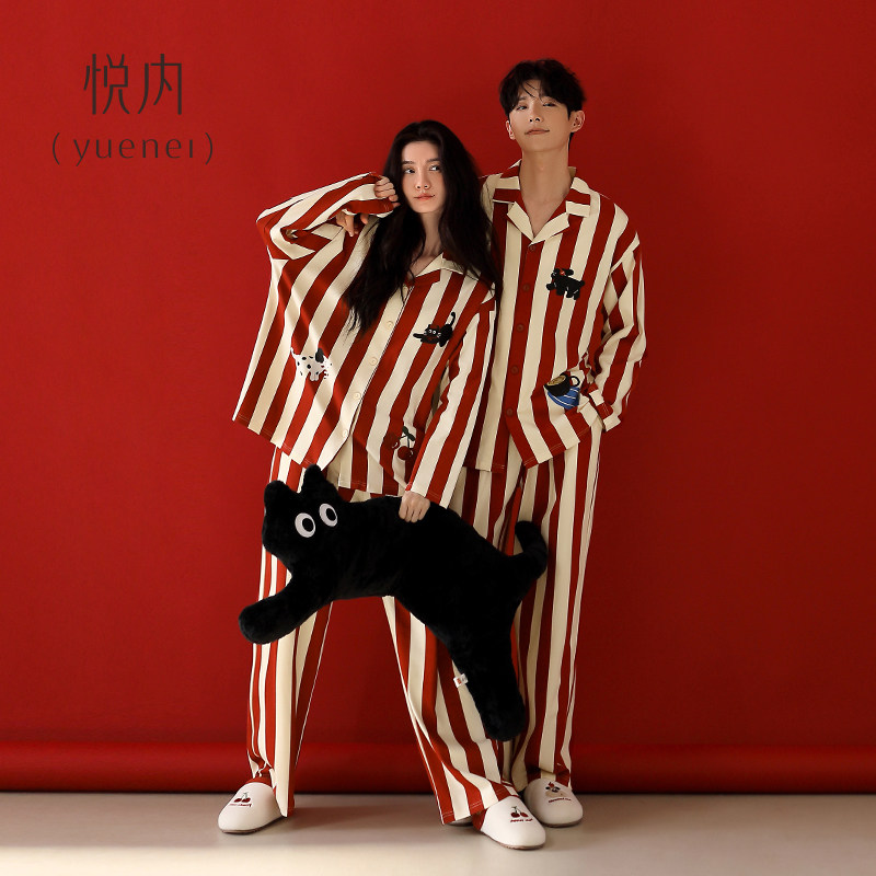 悦内情侣睡衣女款春秋季秋冬长袖纯棉家居服男士大红色本命可外穿