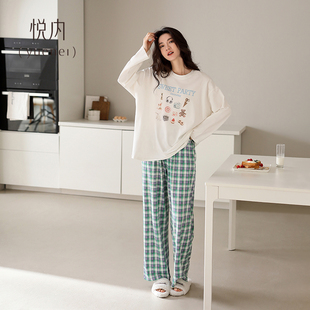 纯棉家居服秋款 长袖 套头圆领可外穿 春秋季 悦内带胸垫一体睡衣女款