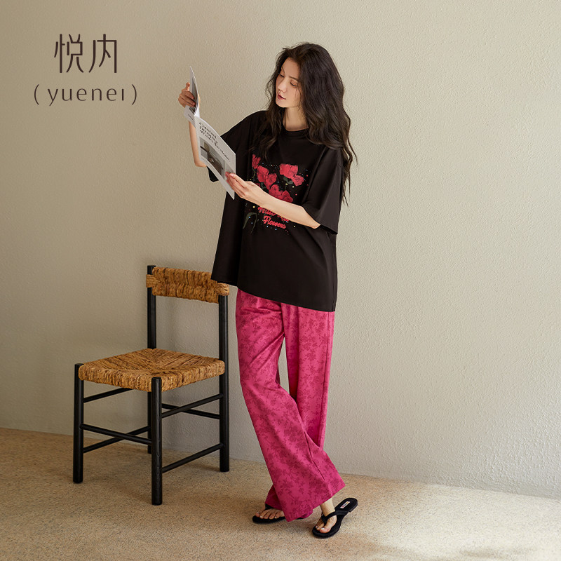 悦内睡衣女士夏季夏天纯棉短袖长裤家居服时尚宽松休闲玫瑰高级感