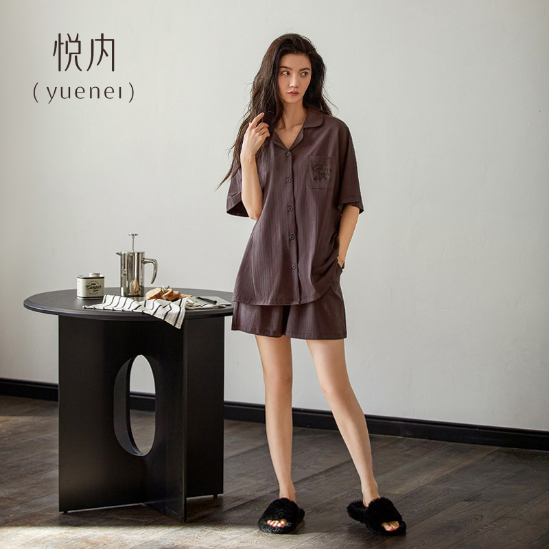 悦内老钱风睡衣女士夏季夏天纯棉短袖短裤家居服夏装复古休闲外穿