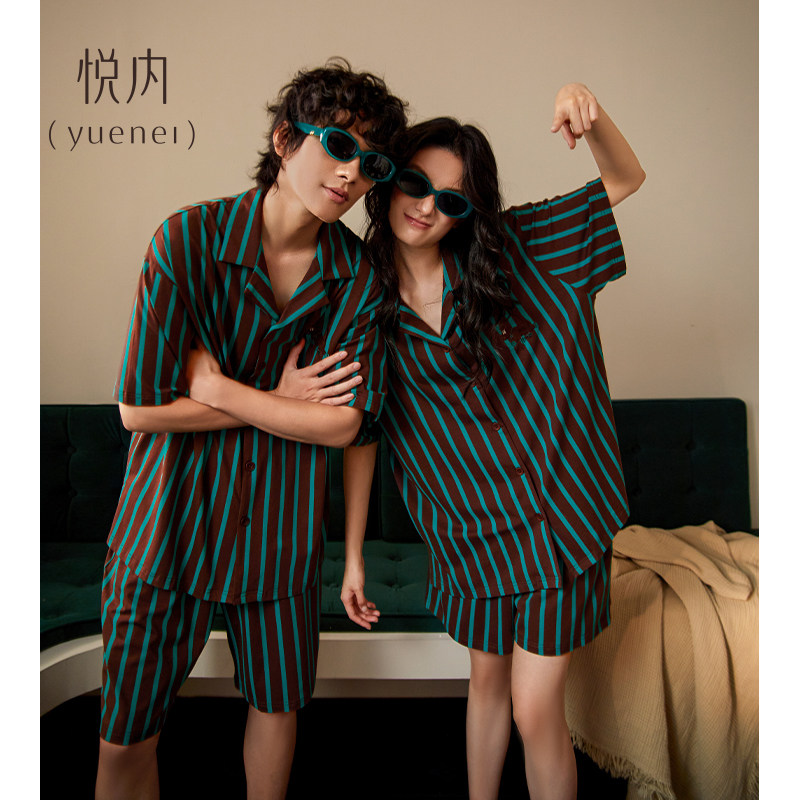 悦内情侣睡衣女夏季纯棉短袖短裤家居服夏天男款复古条纹开衫套装