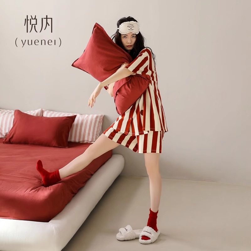 悦内睡衣女款夏季夏天纯棉短袖短裤家居服休闲时尚本命年红色条纹,女士内衣/男士内衣/家居服,睡衣/家居服套装,淘宝优惠券,粉丝福利购,淘宝优惠卷