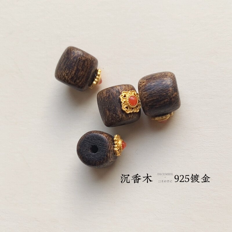 沉香木散珠桶珠925银镀古法金镶嵌贴片手链手串diy隔珠配件南红珠图片