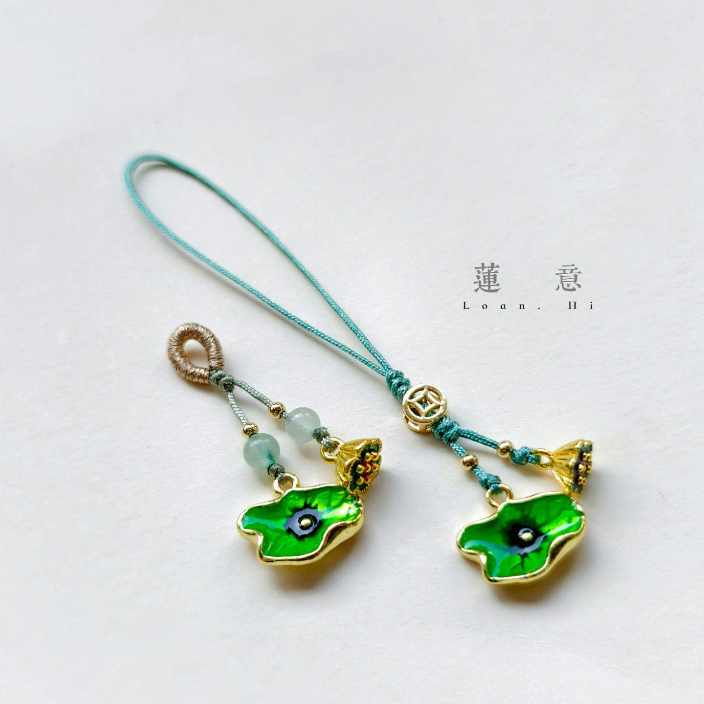 新品新中式珐琅釉原创莲蓬手机挂件挂绳玉石钥匙扣汉服押襟包挂饰