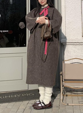 25秋冬新款玫粉丝带复古棕色双面尼长大衣外套宽松廓形毛呢外套