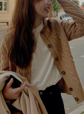 25秋冬新拉夫经典款绞花针织开襟衫羊毛圆领开衫小马刺绣