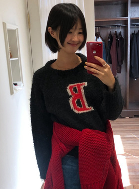 25秋冬新韩国东大门th_Bar_net宽松圆领套头撞色B字母嵌花毛衣女