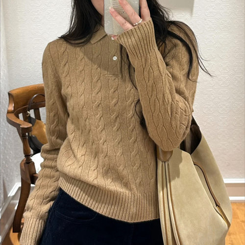 26年秋季绞花编结Polo针织衫长袖翻领羊毛毛衣宽松女 RL27244