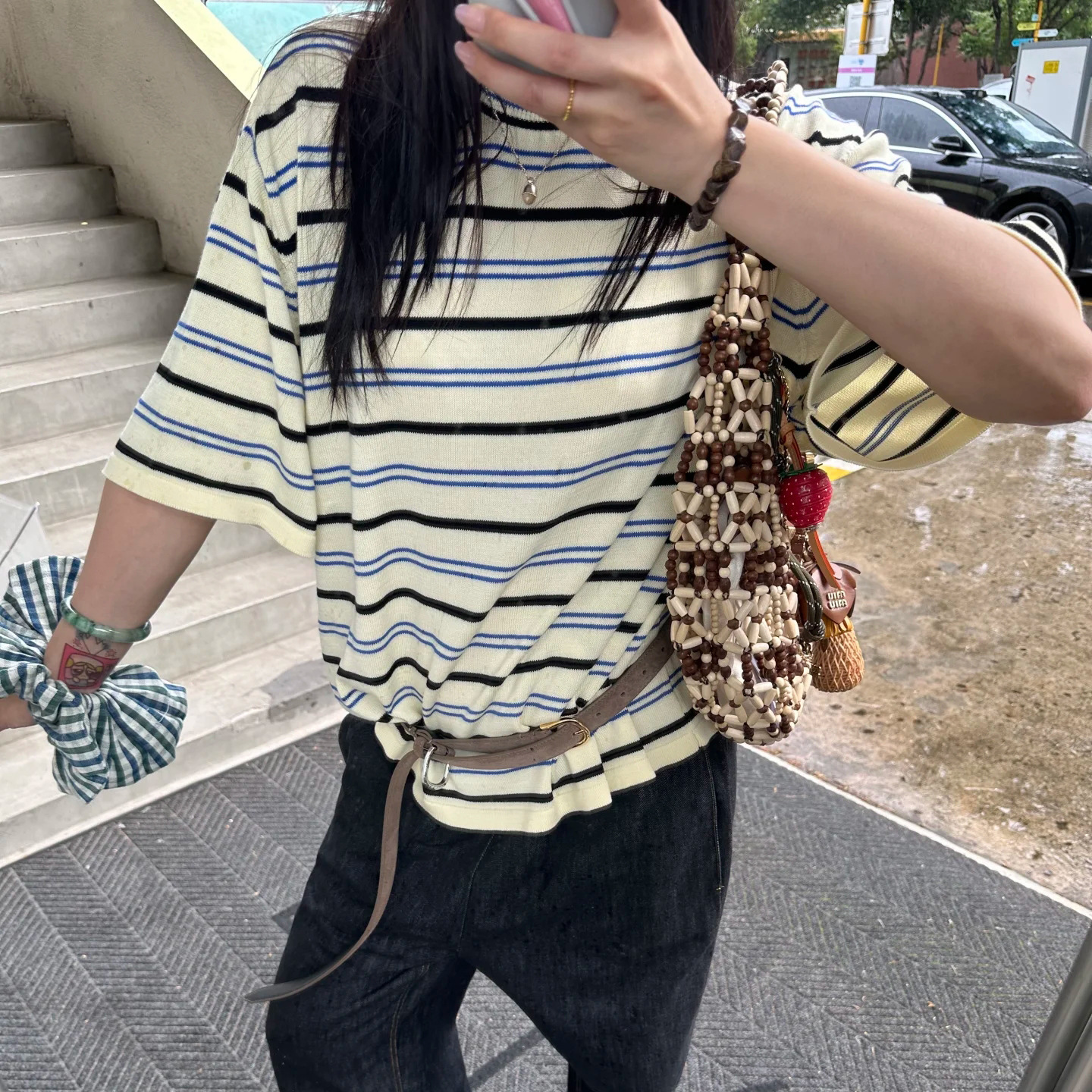 Cor25早秋新款蓝黑条纹针织短袖衫宽松圆领T恤女廓形休闲半袖