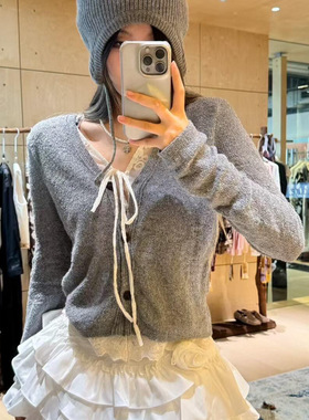 AV假两件蕾丝拼接开衫立体肌理层次灰色V领修身针织衫