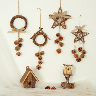 手工天然松果DIY墙面藤编装饰挂件创意幼儿园餐厅咖啡馆树枝挂饰