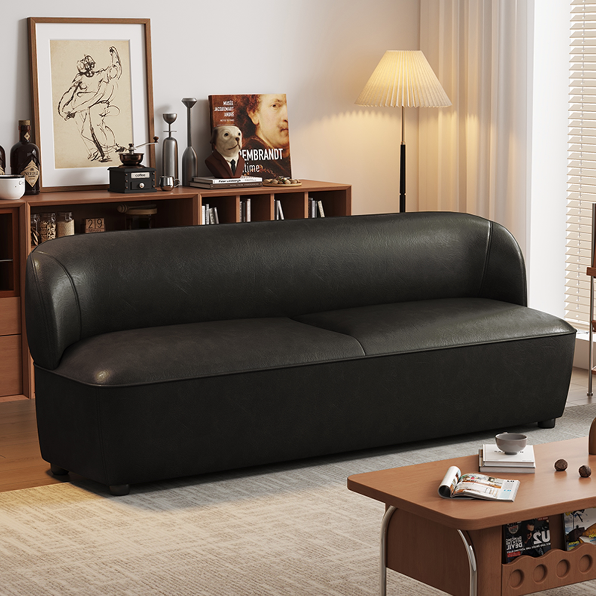 精致小户型沙发简易复古双人三人位皮艺2米服装店店铺用窄版黑色