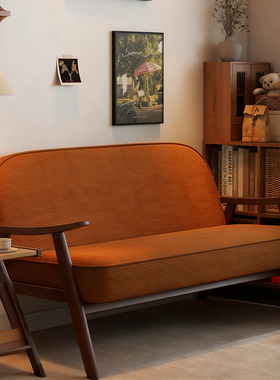 复古风双人布艺实木沙发小户型客厅卧室小沙发公寓民宿小空间沙发