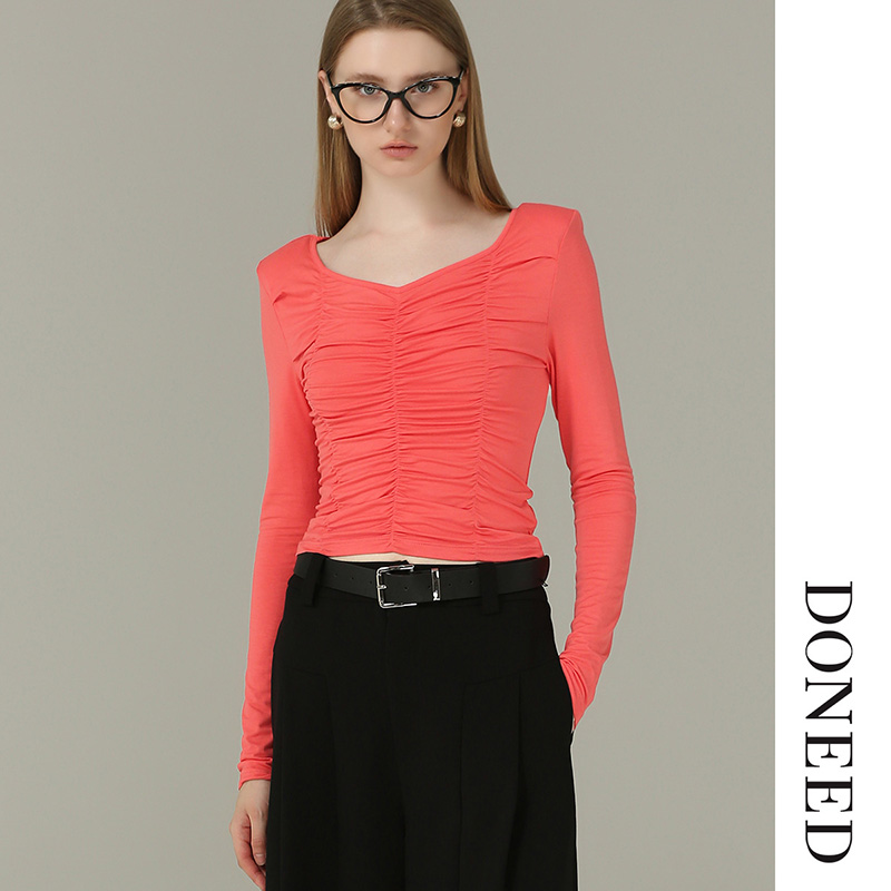 大V领优雅褶皱修身显瘦纯色上衣