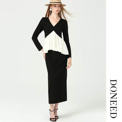 时尚法式V领荷叶边上衣半裙套装