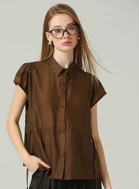 DONEED夏季法式文艺感隧道抽绳显瘦轻薄天丝翻领纯色上衣女