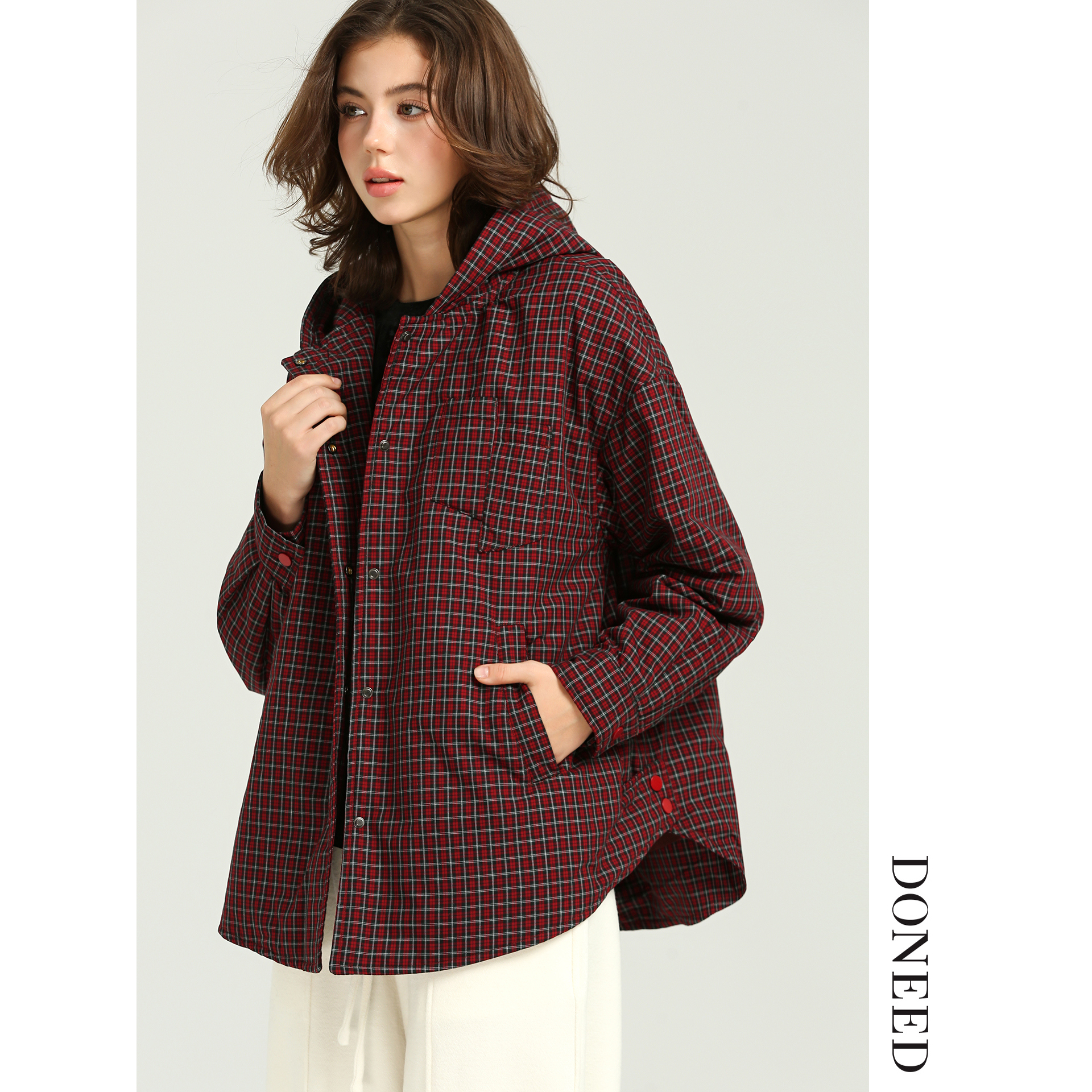 DONEED2025冬季格纹连帽美式复古宽松休闲百搭衬衫式棉衣女