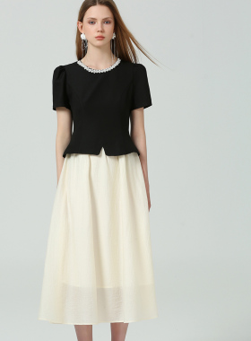 DONEED2026夏款高贵优雅珍珠领短袖上衣搭配半身裙假两件连衣裙女