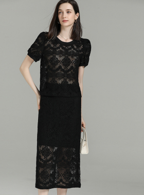 DONEED夏款优雅气质套装圆领透视蕾丝上衣+包臀裙两件套女