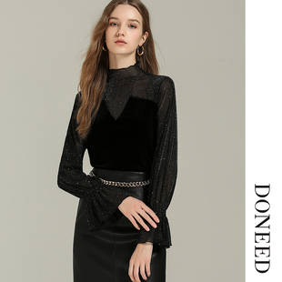 DONEED春款优雅甜美抹胸式拼接针织衫显瘦小立领荷叶袖丝绒上衣女