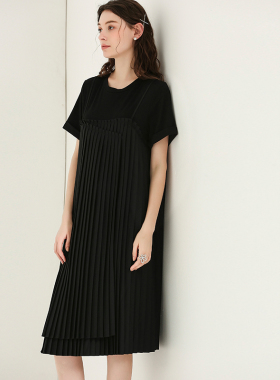 DONEED夏款小众设计感假两件拼接百褶圆领短袖直筒中长款连衣裙女