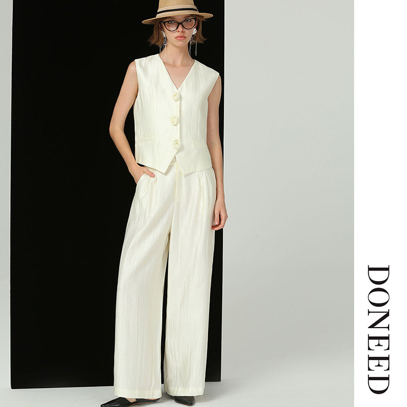 DONEED夏款法式高级V领无袖上衣直筒阔腿裤两件套套装女
