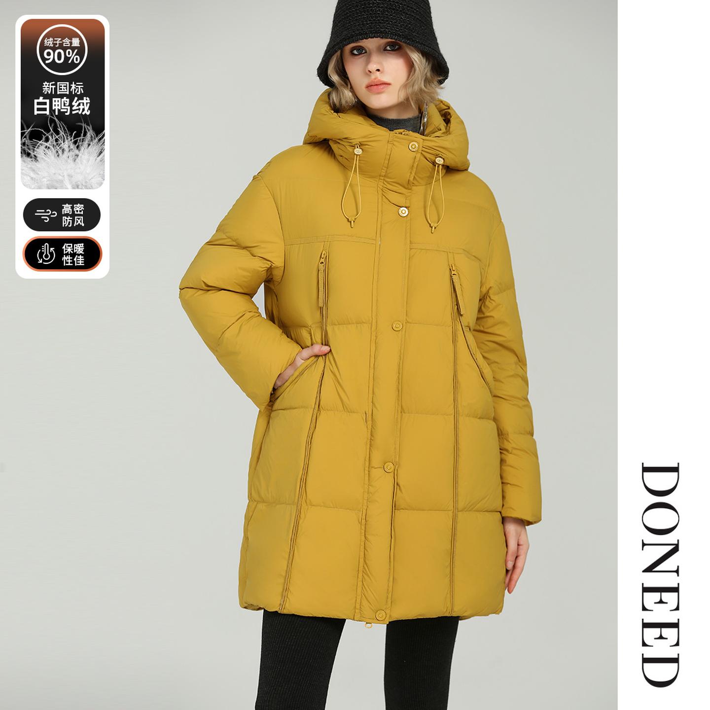 时尚简约连帽绗缝羽绒中长款外套