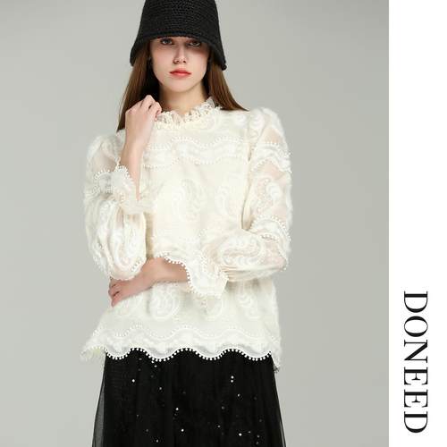 初春法式重工蕾丝镂空衬衫